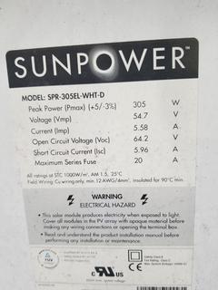 Sunpower Model Spr 305el Wht D Solar Panel Peak Power 305w Voltage 54 7v Current 5 58a Open Circuit Voltage 64 2v Short Circuit Current 5 96a Maximum Series Fuse a 61 Long X 41 Wide Auction Auction