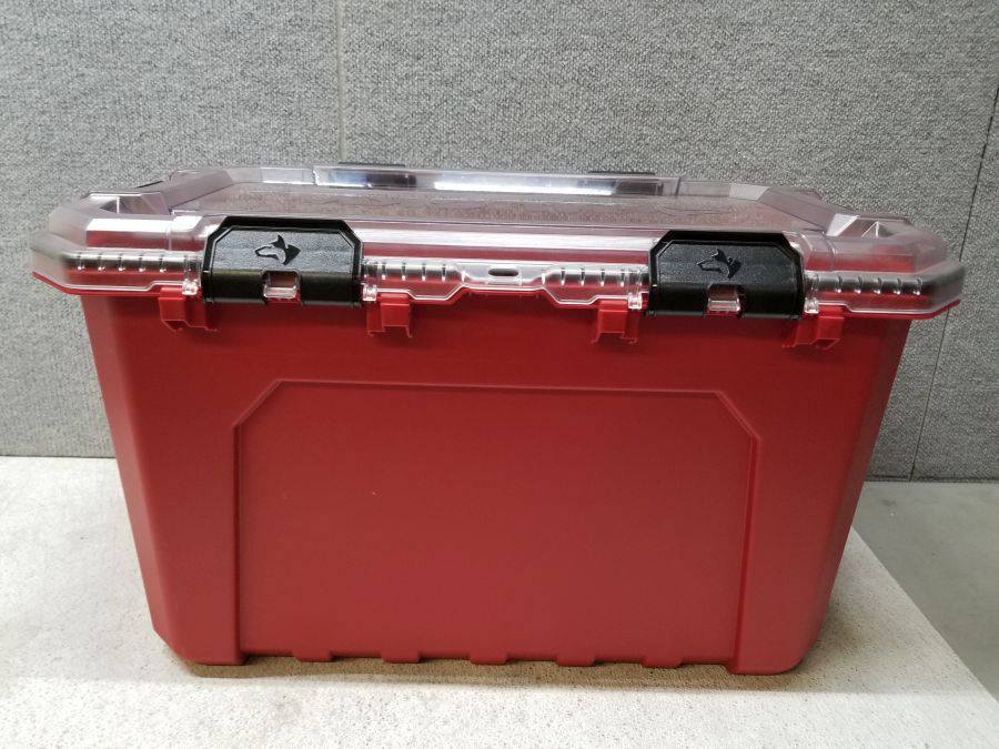 Husky 20 Gal. Professional Duty Waterproof Storage Container with Hinged Lid  in Red (Stock Photo for Reference only, See additional Photos for Details)  Auction