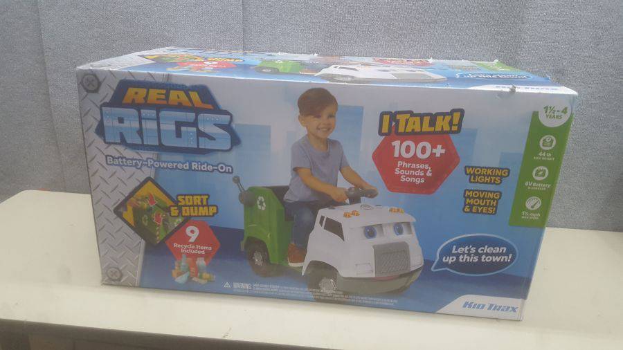 6 Volt Battery and Charger Kids Ages 1.5-4 Years Sound Effects KT1535TG 9 Recycling Accessories Included Kid Trax Real Rigs Toddler Recycling Truck Interactive Ride On Toy 
