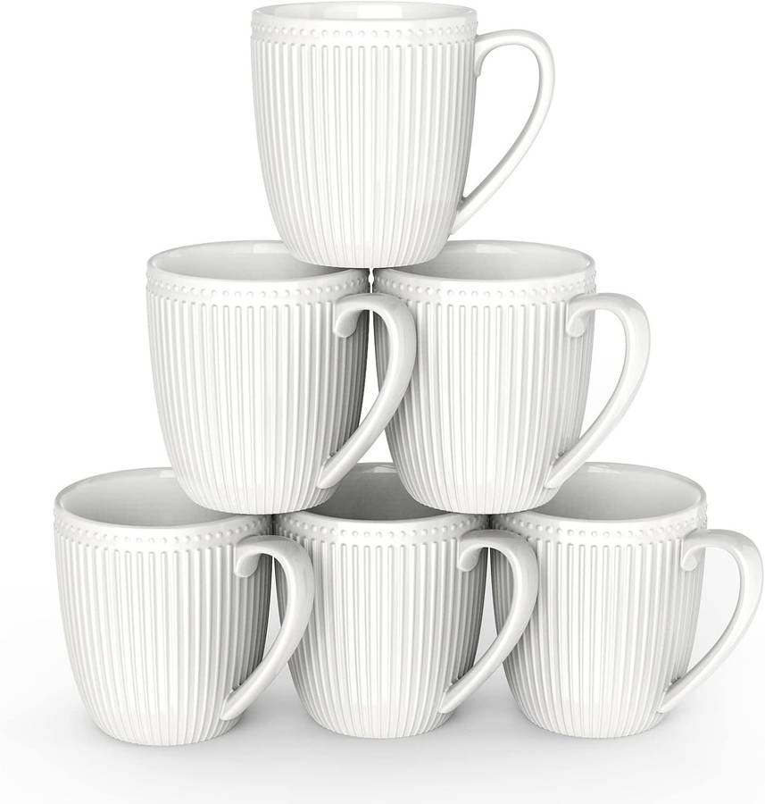 HomeElves Coffee Mugs Set of 6, 16 Oz White Coffee Mugs, Porcelain Mugs,  Large and Easy to Grip Mug Sets, Embossed Coffee Cup Set for Coffee, White  Auction