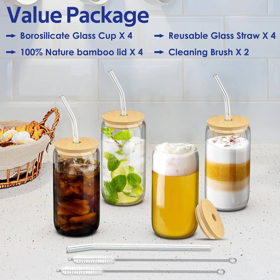 Dealusy 4 Set Glass Cups with Lids and Straws 16 oz, Glasses Drinking Set,  Iced Coffee Cup with Bamboo Lids, Drinking Glasses Tumbler with Straw and  Lid, Glass Can Drinking Glassware Auction