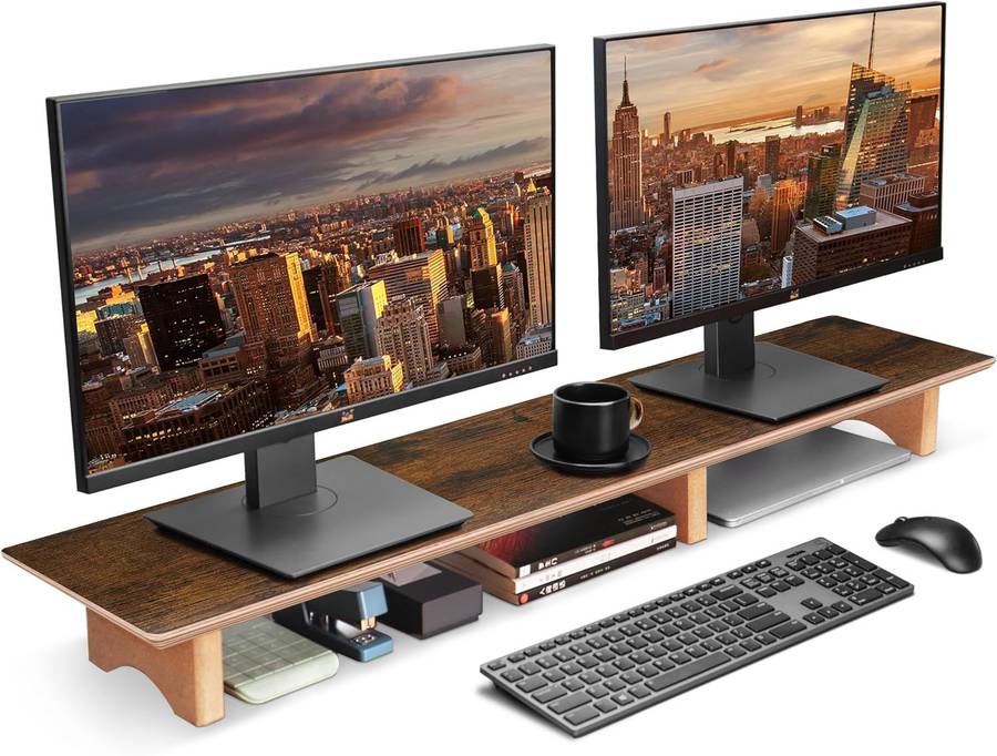 Wooden Dual Monitor Stand & Desk Shelf Riser